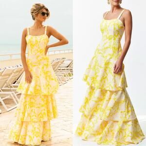 MESTIZA NEW YORK Torero Ruffled Floral Marigold Yellow Maxi Gown Size 12